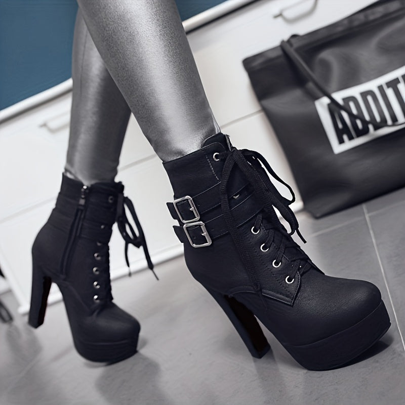 Women's Platform Heeled Boots, Fashion Solid Color Lace Up High Heels, Buckle Strap Block Heeled Ankle Boots