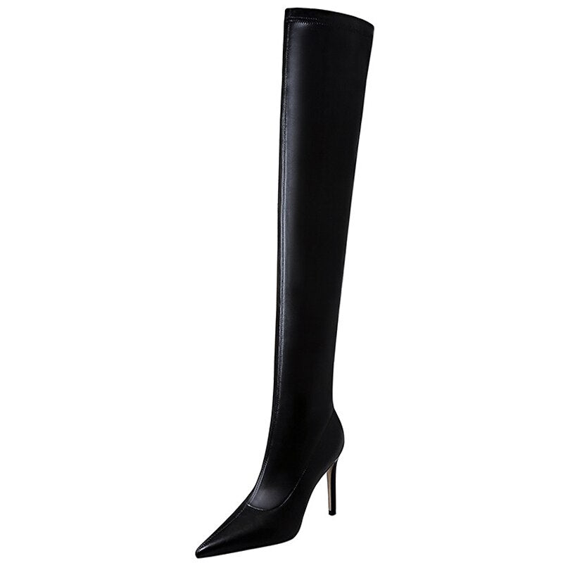 BIGTREE Shoes Stiletto Sexy Over-the-Knee Boots Black Leather Boots Sexy Thin High Heel Boots Winter Long Boots Plus Size 43