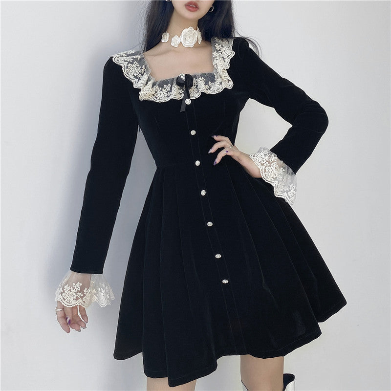 nvxiot-Women Summer Sexy y2k Fairy Dress Casual Loose Dress Elegant Square Neck High Waist Long Sleeve Velvet Dress