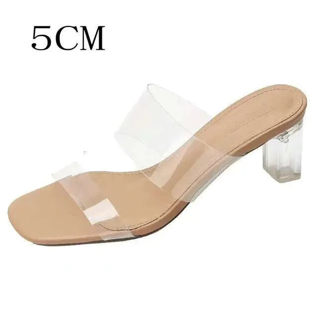 New Fashion High Transparent Sandals Women's Summer Chunky Heels Crystal Slippers Outside Wear Kq8