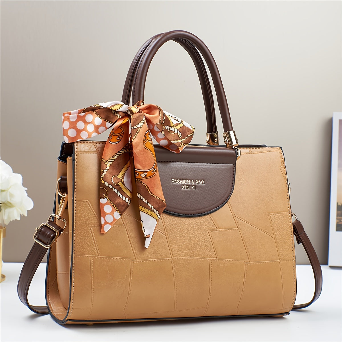 Elegant Plaid Tote Bag for Women with Removable Strap, PU Leather Fashion Shoulder Handbag with Zipper Closure, Polyester Lined Scarf Adorned Commuter Bag from Taizhou Production Area