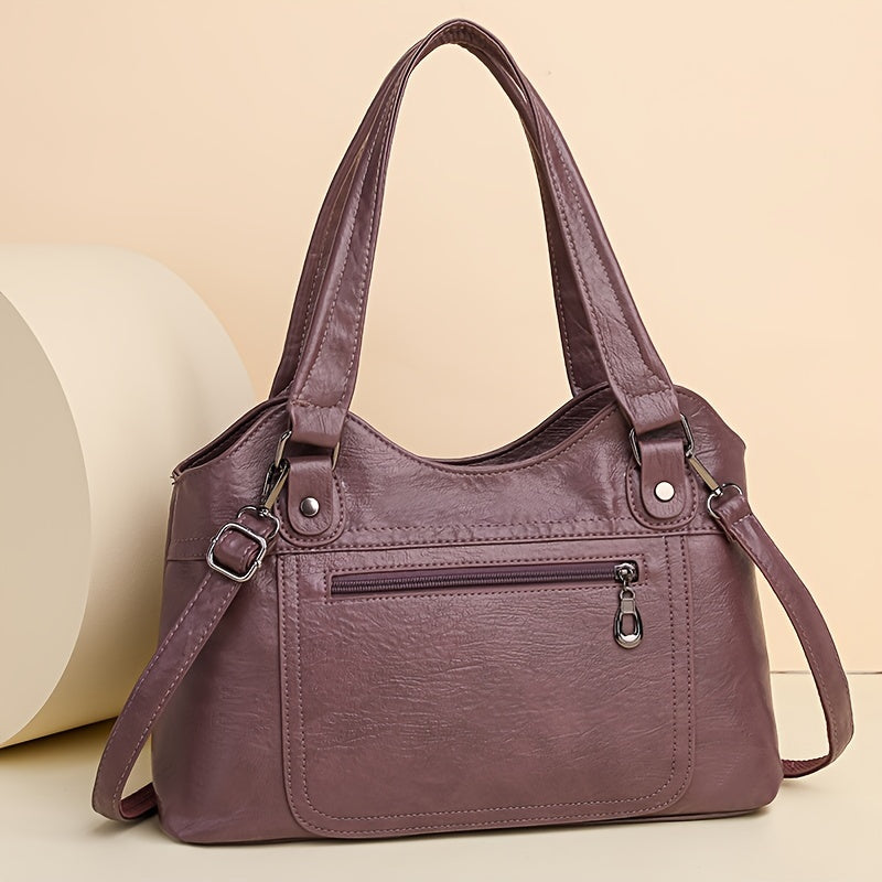 Retro Solid Color Tote Bag, Large Capacity Crossbody Bag, Women's PU Leather Shoulder Bag