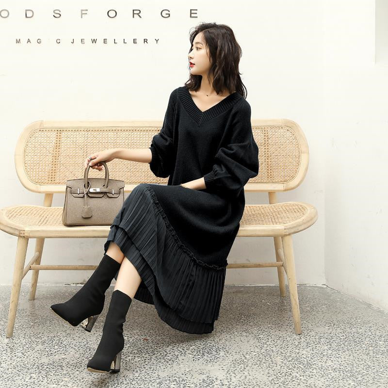 nvxiot  fall outfits korean Autumn Winter 2024 Korean Fashion Knitted Dress Long Sleeve Women Elegant Vintage Casual Knitwear Sweater Dresses Ladies H2723