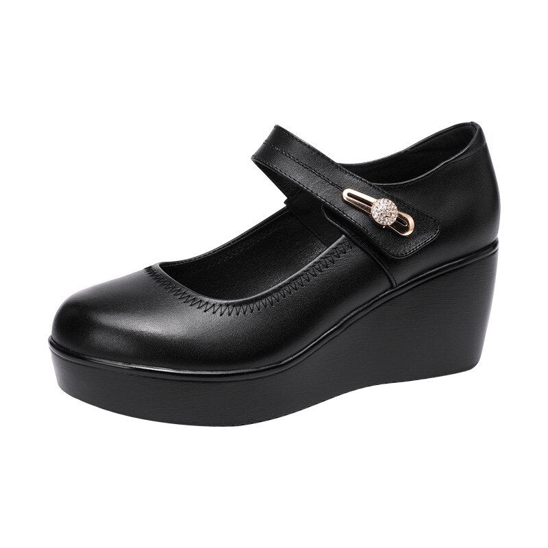 GKTINOO 2021 Spring Leather Shoes Women Platform Wedges Shoe High Heels Round Toe Comfortable Black Women Pumps Large Size 33-43