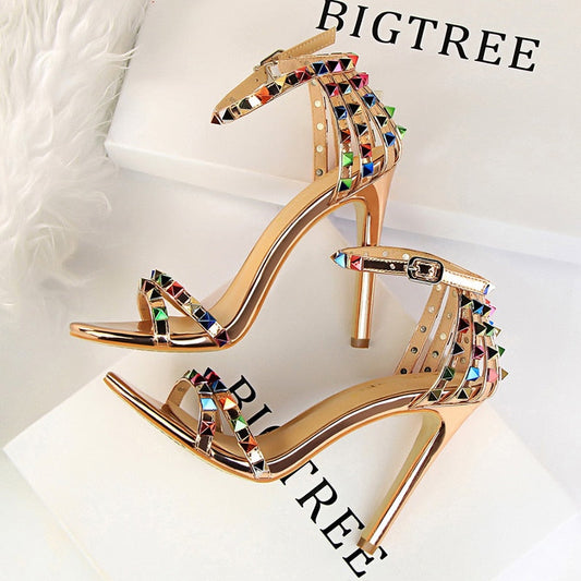 BIGTREE Shoes Color Rivets Women Sandals Roman Style Heeled Sandals Hollow Out High Heels Stiletto Sexy Party Shoes Sandals