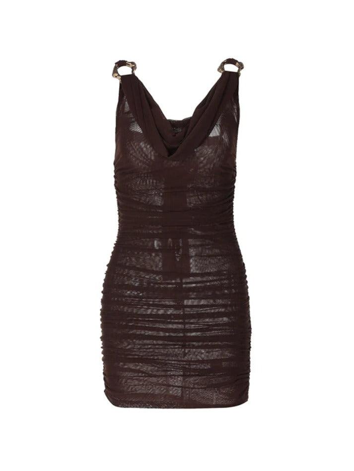 nvxiot V Neck Mesh Metal Ring Mini Dress