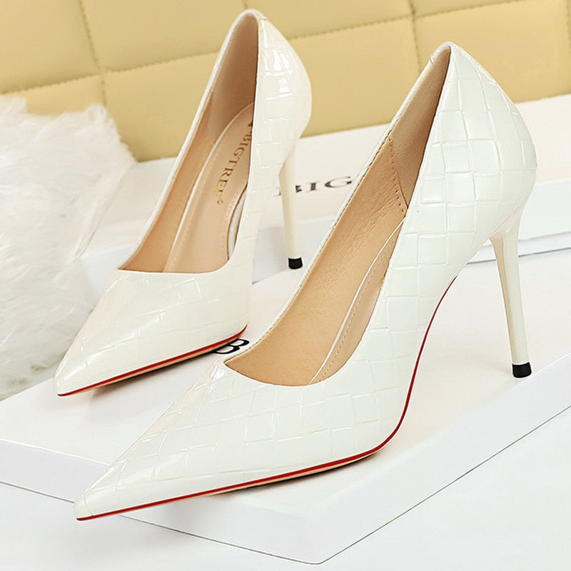 BIGTREE Shoes Patent Leather Woman Pumps 2022 New Designer Shoes Weave Pattern Fine High Heels Stiletto Heeled Shoes Party Shoes