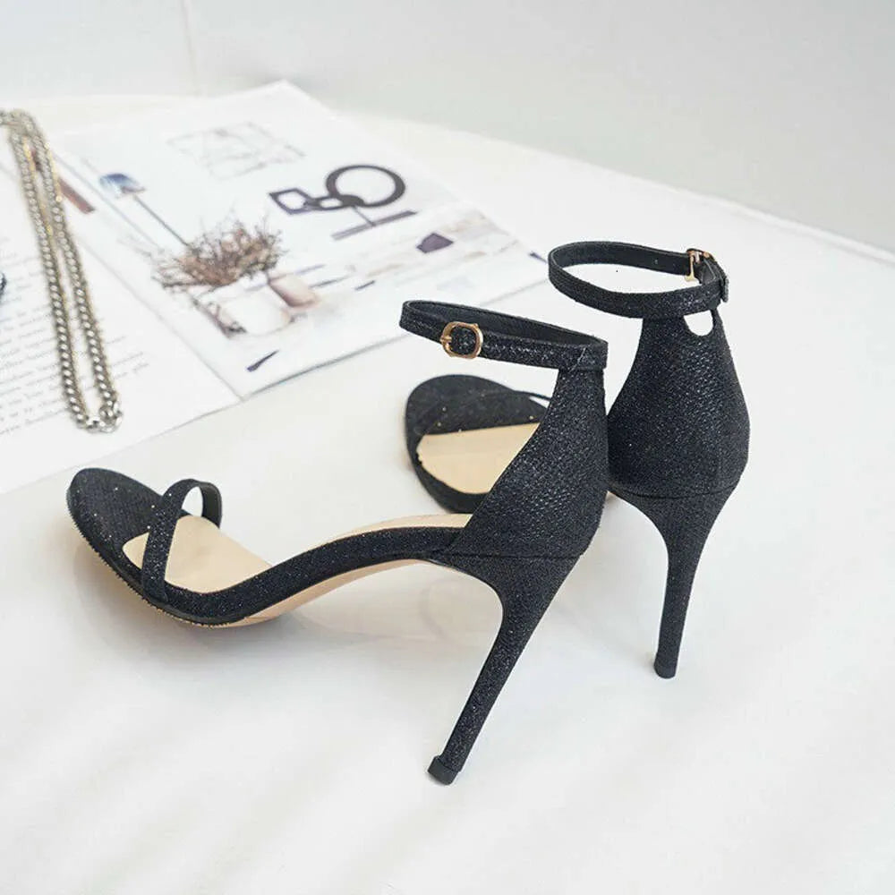 Summer New Fine Heel Black Suede High Heels Chic Fairy Wind One Word Buckle Sandals Female Kq8