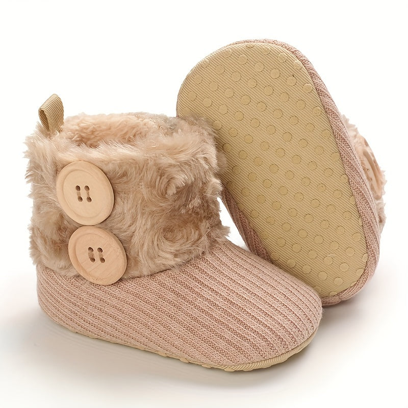 Ankle-High Crib Shoes for Baby Girls - Soft, Warm, Fleece-Lined, Hook-and-Loop Fastener, Round Toe, Platform Heel, Fabric Upper, Indoor Walking Boots for Fall and Winter Season