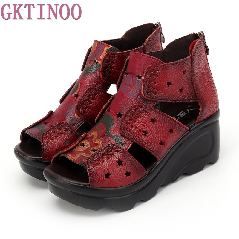 GKTINOO 2021 Ethnic Style Genuine Leather Women Shoes Sandals Wedges Sandals Handmade Genuine Leather Women Sandal