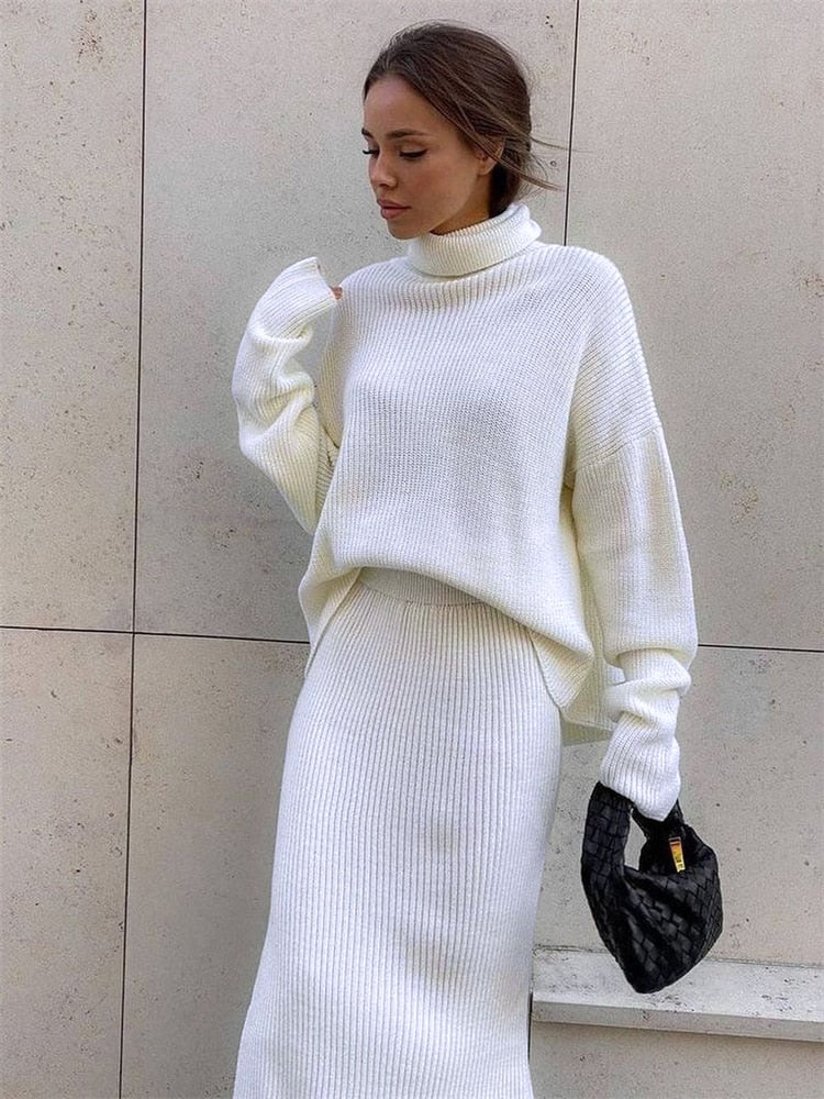 nvxiot   Ribbed Knit 2 Piece Dress Set Outfits Ladies  Knitwear Top And Midi Skirt Sets For Women Casual Winter Sweater Sets 2024