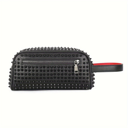 Vibrant Red and Black Rivet Decorated Wristlet Clutch Handbag - Studded PU Leather with Zipper Closure, Polyester Lining, and Chic Design - Perfect for Women's Night Out or Daily Use