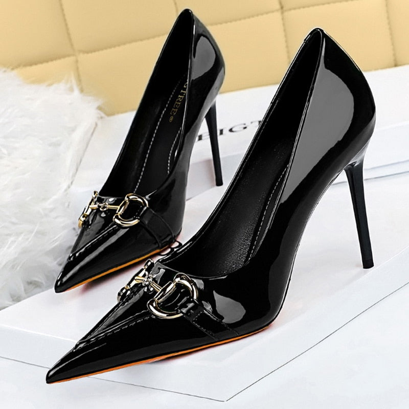 BIGTREE Shoes Metal Button Woman Pumps Patent Leather High Heels Luxurious Sexy Party Shoes Stiletto Heels Ladies Large Size 43