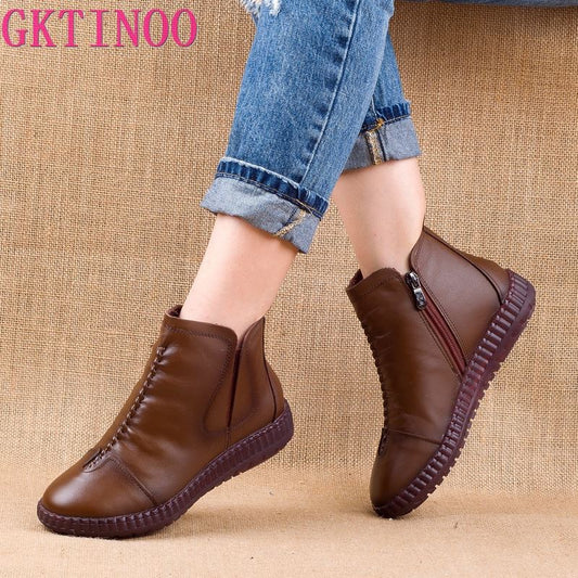 GKTINOO 2021 Winter Genuine Leather Ankle Boots Handmade Lady Soft Flat Shoes Comfortable Casual Moccasins Side Zip Ankle Boots