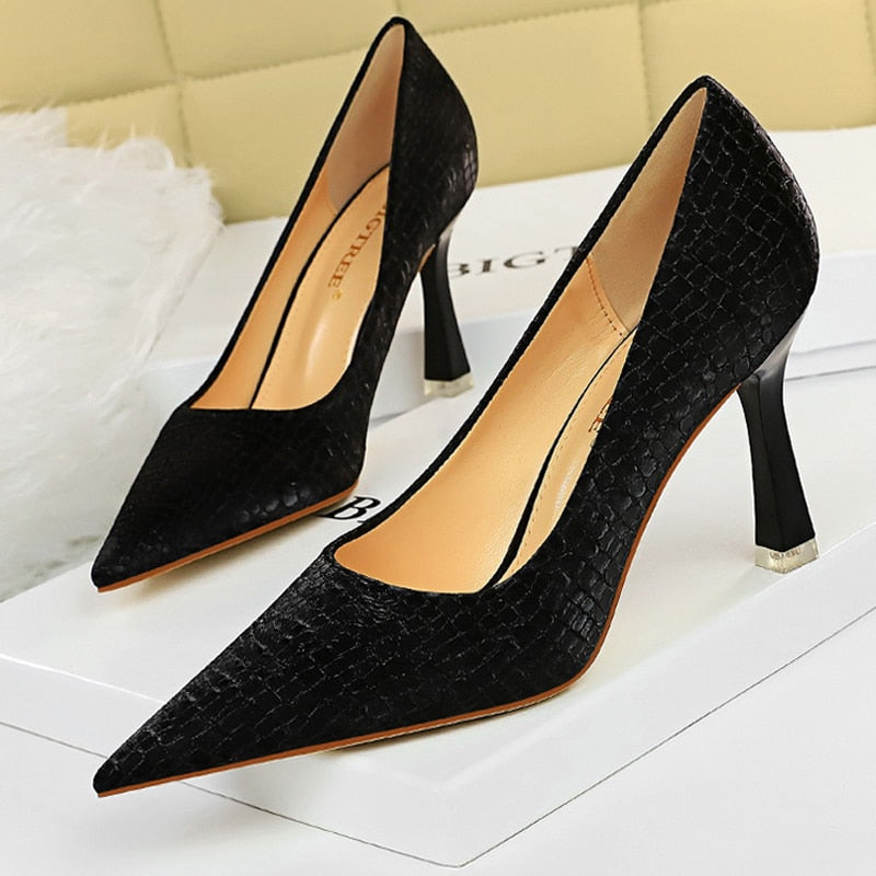 BIGTREE Shoes Fashion Women Pumps Pointed Toe Kitten Heels Stone Pattern High Heels Women Career Office Shoes Plus Size 42 43