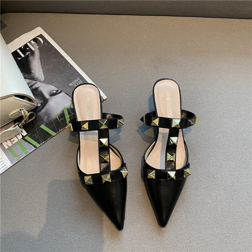 2021 New Rivet Pointed Thin Heel Baotou Half Slipper Female Middle Heel Shallow Mouth Lazy Mueller Shoes