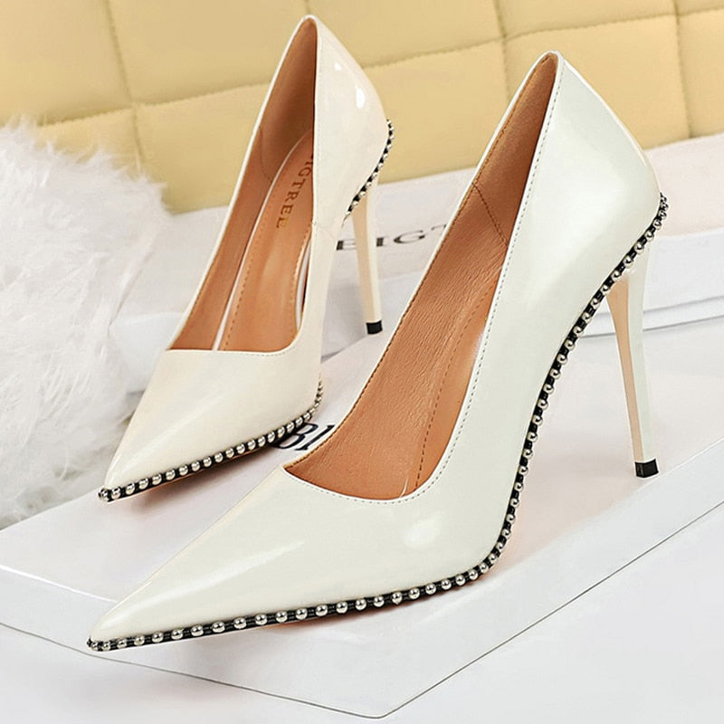 BIGTREE Shoes White Women Pumps Patent Leather Shoes High Heels Stiletto Luxury Party Shoes Metal Chain Rivets Heels Pumps Shoes