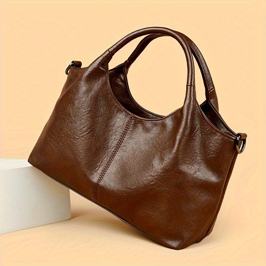 Women's Vintage Large Capacity Tote Bag , PU Leather, Soft Shoulder Crossbody Handbag, No Oil Edging, Zip Closure, Black & Coffee Brown, Fashionable Ladies Handbag