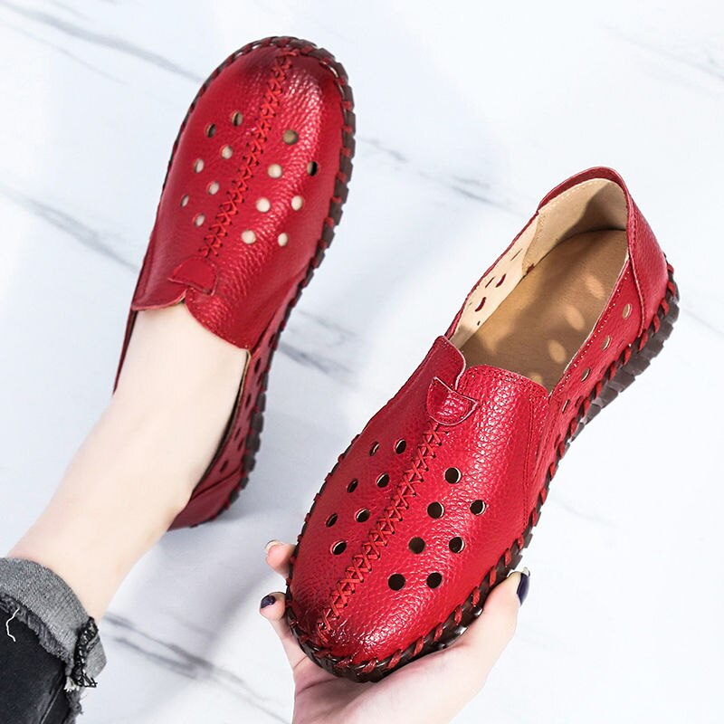 GKTINOO 2021 Summer Genuine Leather Vintage Loafers Shoes Women Lazy Slip-On Handmade Leather Breathable Hollow Soft Shoes Woman