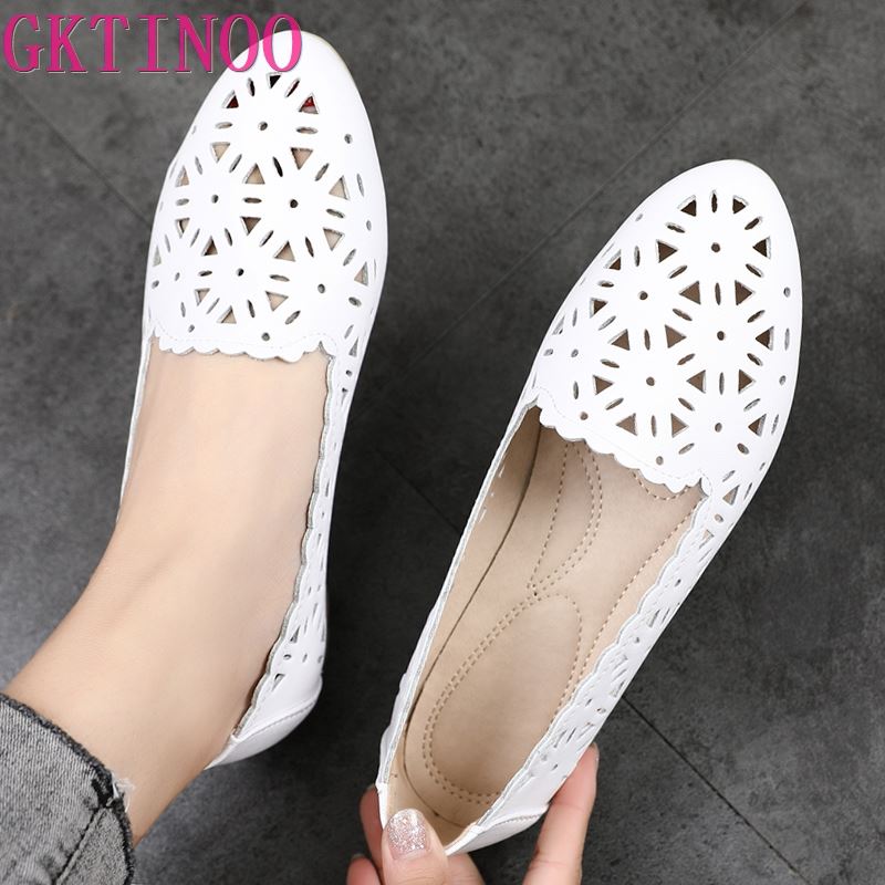 GKTINOO 2021 Women Flat Shoes Genuine Leather Woman Ballet Pointed Toe Flats Summer Lady Hollow Out Loafers Women Shoes Sandals