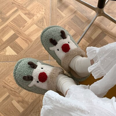 FUNNY FUNKY 2021 Winter Women's Shoe Cartoon Animal Deer Faux Fur Fleece Sock Christmas Slippers for Home Non-slip Woman Shoes