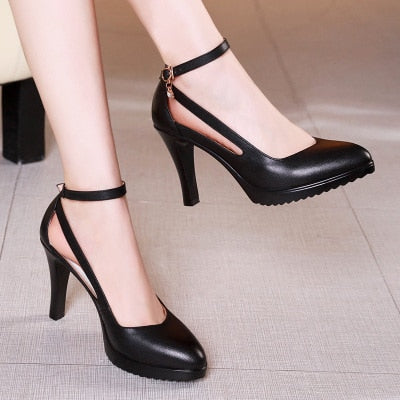 GKTINOO Lady Pumps Pointed Toe Office Lady Pumps Buckle Strap Platform High Heels Women Shoes Four Season Leather Shoes