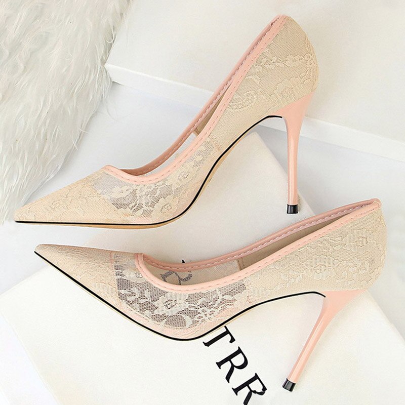 BIGTREE Shoes Mesh Hollow Lace Woman Pumps 2022 Spring Women Heels Sexy Party Shoes Thin Stiletto Heels Women Shoes 6 Colour