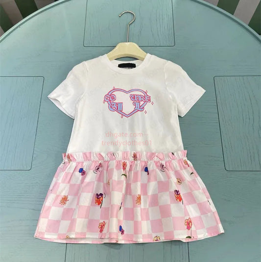 Kids girls Vintage print floral dress letter pleated dresses babies designer princess tulle lace dress childrens luxury designer dress skirts baby clothes