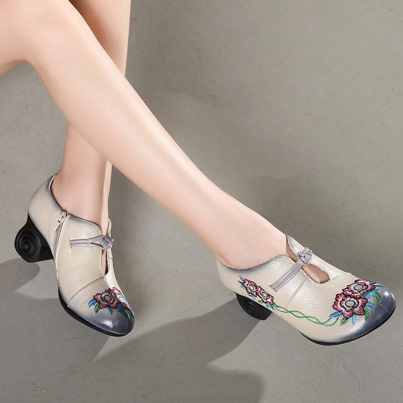 GKTINOO Women Embroidery Pumps Grey Lady 6CM High Heels Shoes Handmade Women Genuine Leather Pumps Autumn Shoes