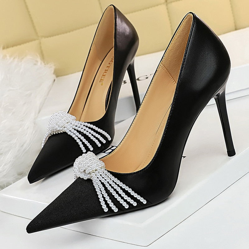 BIGTREE Shoes Pearl Bowknot Women Pumps Luxurious High Heels Fashion Party Shoes Women Heels Stiletto Ladies Shoes Plus Size 43