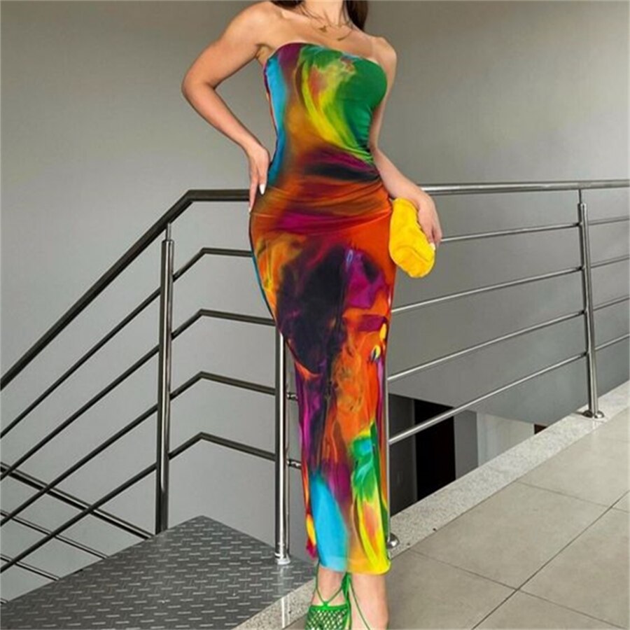 nvxiot Tie-dyed Strapless Bodycon Dress 2024 Summer Beach Party Club Outfit Sleeveless Off-Shoulder Bandeau Wrapped Long Dress