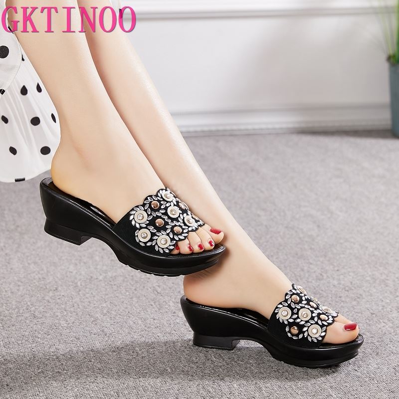 GKTINOO Women Slipper's 2021 Ladies Summer Slippers Shoes Women Wedges Heels Fashion Rhinestone Summer Shoes Geuine Leather