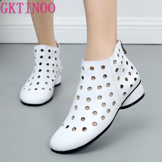 GKTINOO 2021 Summer Ankle Boots Genuine Leather Shoes Women Med High Heel Back Zipper Boots Cutout breathable Mujer Zapatos