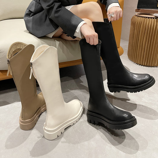 Women's High Knee Chelsea Boots, Solid Color Minimalist Casual Platform Shoes with Back Zipper, Square Toe Design