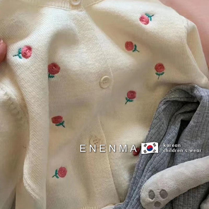 Girls Sweet Flower Embroidery Long Sleeve White O Neck Soft Knitted Sweater Kids Coat Cardigan Jumper Top Children Clothes