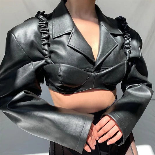 nvxiot PU Leather Short Jacket for Women, Vintage Biker Coats, Chic Lapel, Bra Belt, Fashion Streetwear Tops, Y2k, 2 Pieces Top