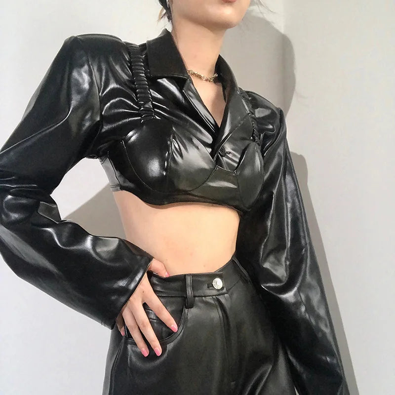 nvxiot PU Leather Short Jacket for Women, Vintage Biker Coats, Chic Lapel, Bra Belt, Fashion Streetwear Tops, Y2k, 2 Pieces Top