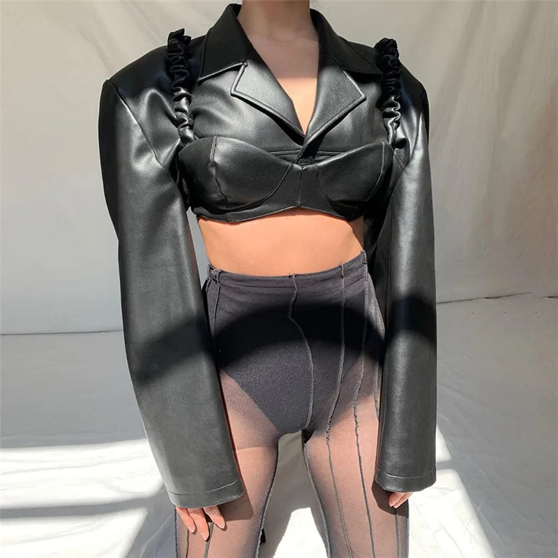 nvxiot PU Leather Short Jacket for Women, Vintage Biker Coats, Chic Lapel, Bra Belt, Fashion Streetwear Tops, Y2k, 2 Pieces Top