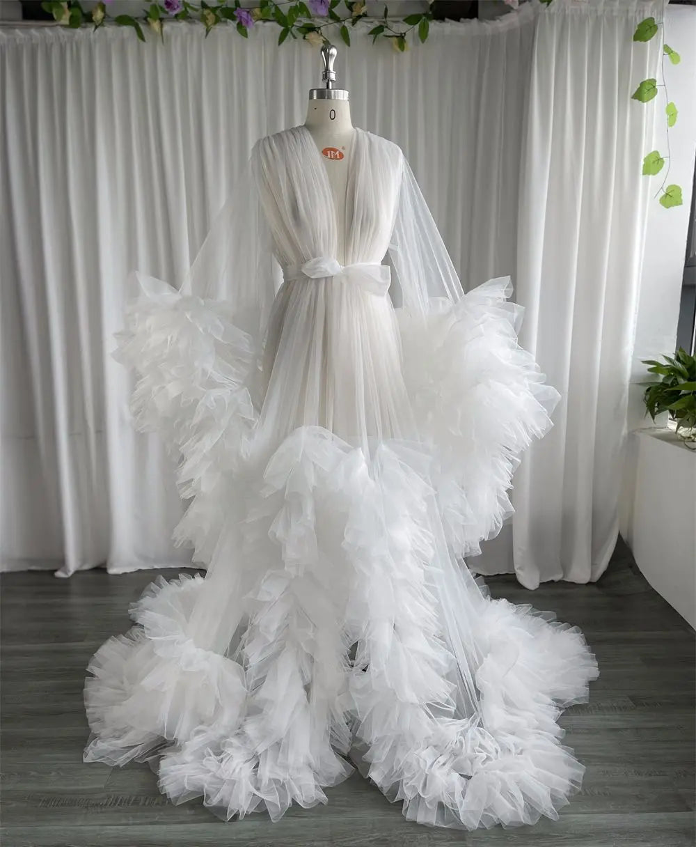 nvxiot  -  White Bridal Robe Maternity Dresses Women Long Tulle Bathrobe Dress Photo Shoot Birthday Bride Wed Fluffy Party Sleepwear