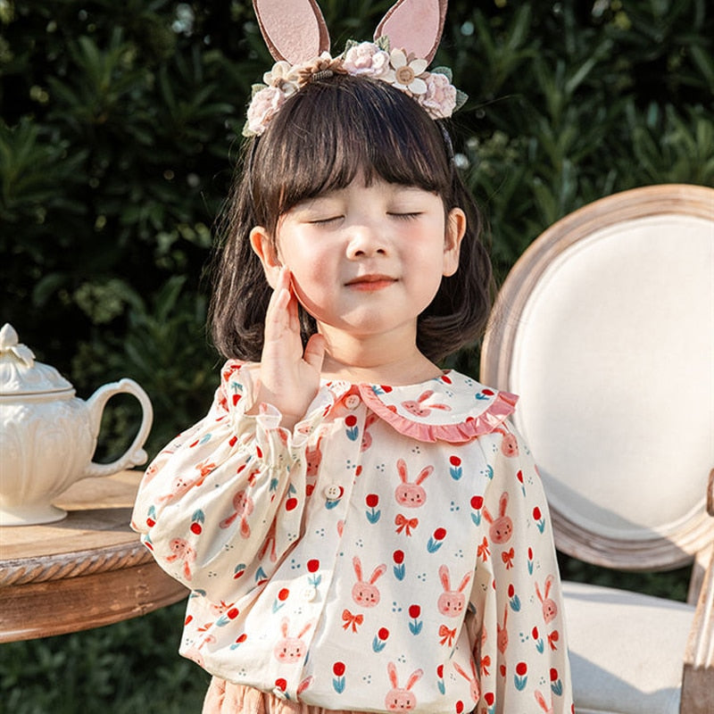 New Korean Spring Autumn Children Sweet Floral Long Sleeve Tops Kids Baby Girls turn-down collar Blouse Long Sleeves Shirt 2 3 4