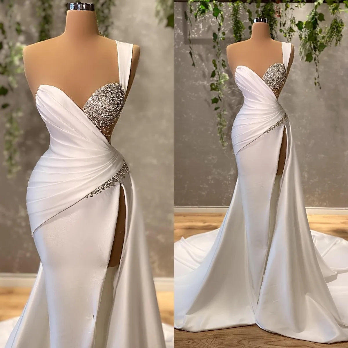 nvxiot  -  One Shoulder Mermaid Prom Dresses Beading Side Split Elegant Women Gowns Sweep Train Satin Formal Evening Dress