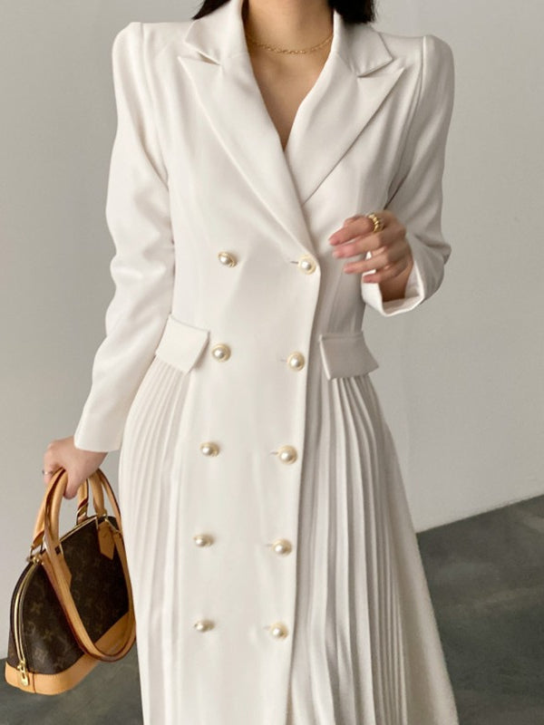 nvxiot-Elegant Double Breasted Waist Pleated Coat Dress