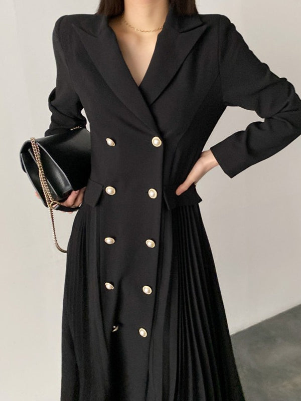 nvxiot-Elegant Double Breasted Waist Pleated Coat Dress