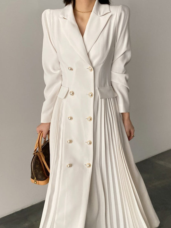 nvxiot-Elegant Double Breasted Waist Pleated Coat Dress