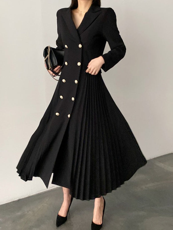 nvxiot-Elegant Double Breasted Waist Pleated Coat Dress