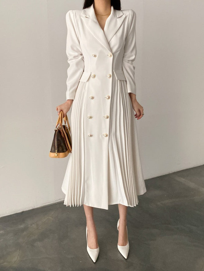 nvxiot-Elegant Double Breasted Waist Pleated Coat Dress