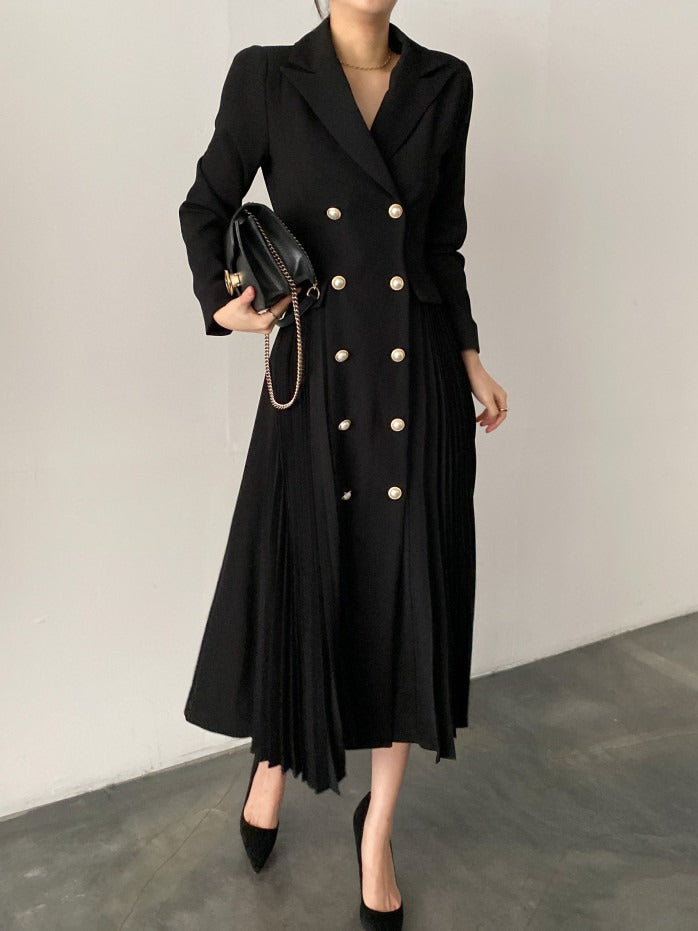 nvxiot-Elegant Double Breasted Waist Pleated Coat Dress