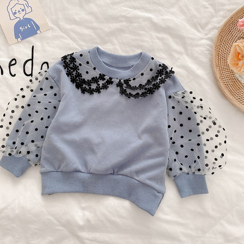 Autumn New Girls Blouse Puff Sleeve Girls Shirts Lace Dot Base Tops Kids Outfit