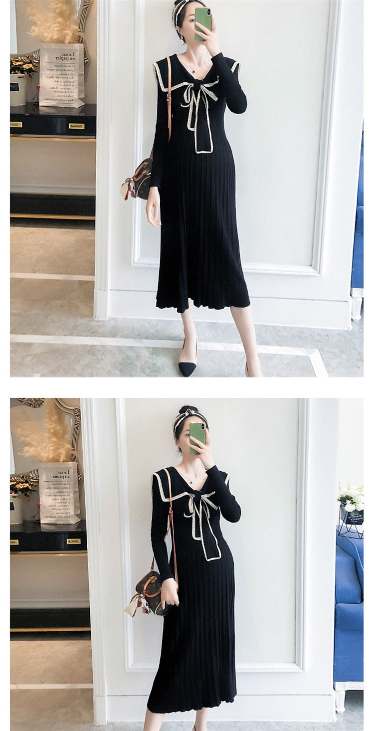 Maternity Dresses Knitted Pleated Long Pregnancy Dress Casual Loose Lace bow Maternity Clothes For Pregnant Women 2022 Autumn