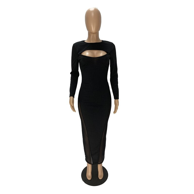 nvxiot Sexy Women Dress Black O Neck Elegant Dresses Mesh Patchwork Party Bodycon Long Sleeve Midi Dress